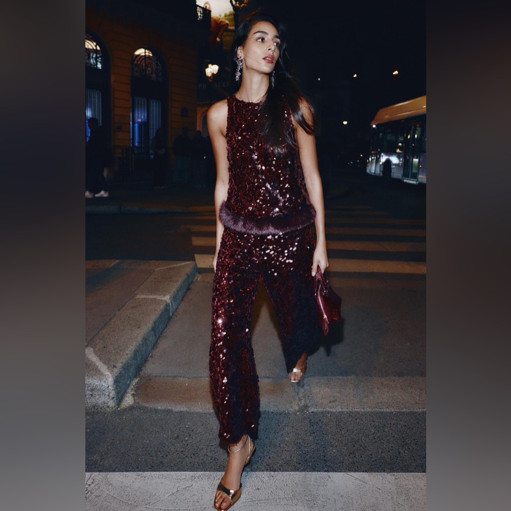 ZARA SEQUIN TOP WITH FAUX FUR HEM - Picture 9 of 13